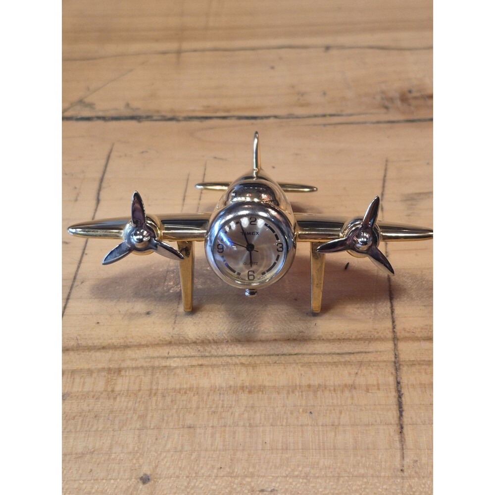 Timex Quartz Miniature Airplane Desk Clock Gold Tone Aviation. New Battery